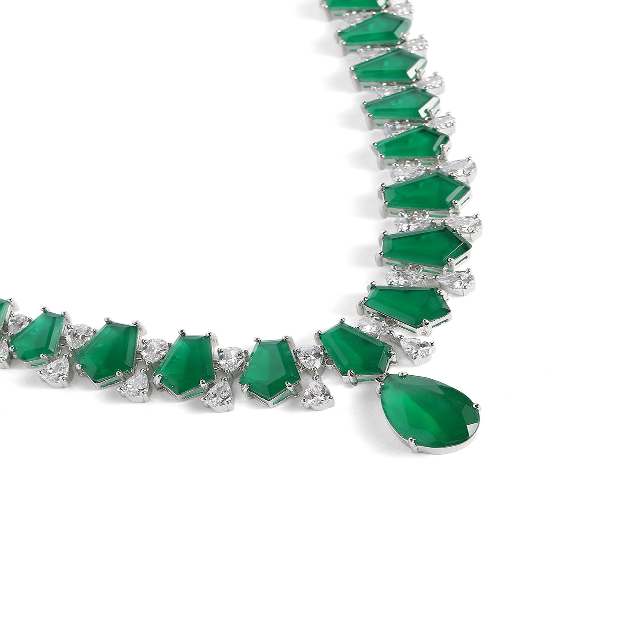 Rhodium-Plated Silver-Toned & Emerald Green AD-Studded Jewellery Set