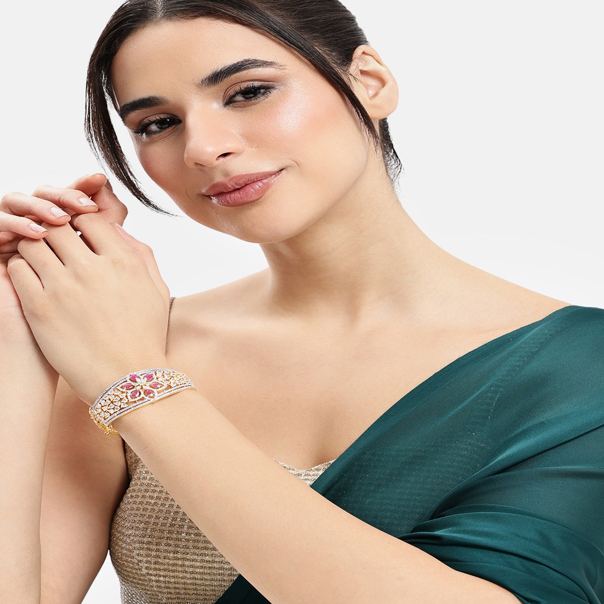 Women Cubic Zirconia Gold-Plated Kada Bracelet-Ruby