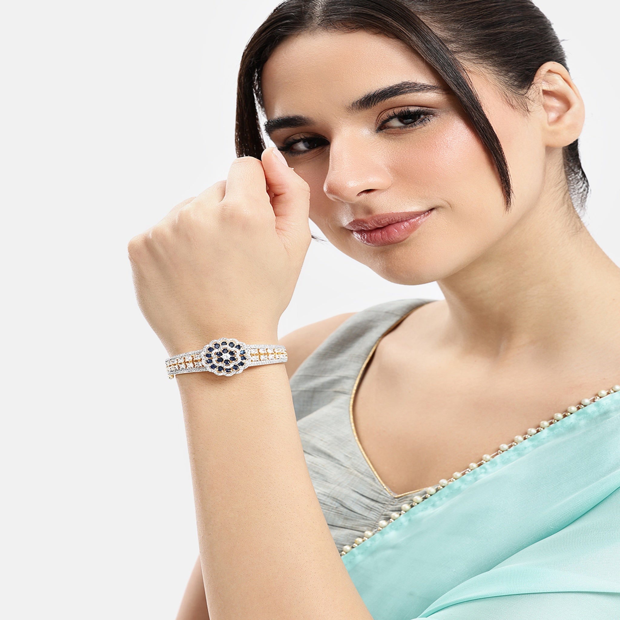 Women Cubic Zirconia Gold-Plated Kada Bracelet-Blue