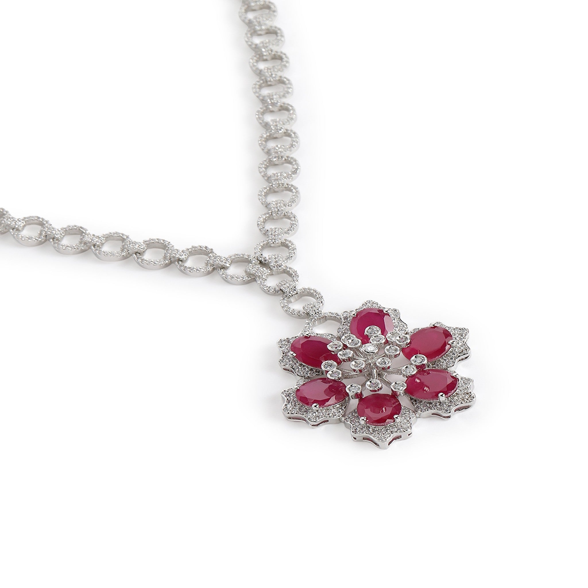 Rhodium-Plated Silver-Toned & White & Ruby AD-Studded Jewellery Set