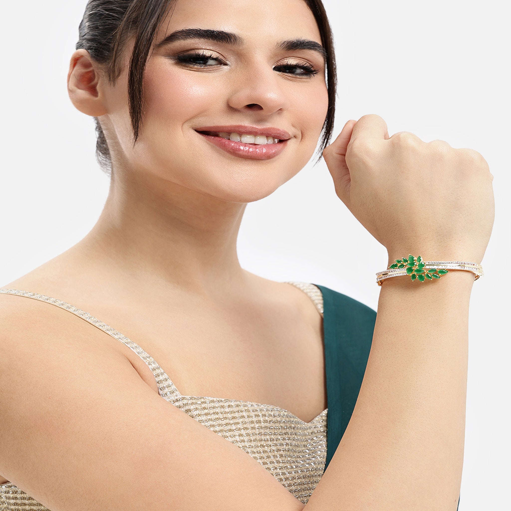 Women Cubic Zirconia Gold-Plated Kada Bracelet-Green
