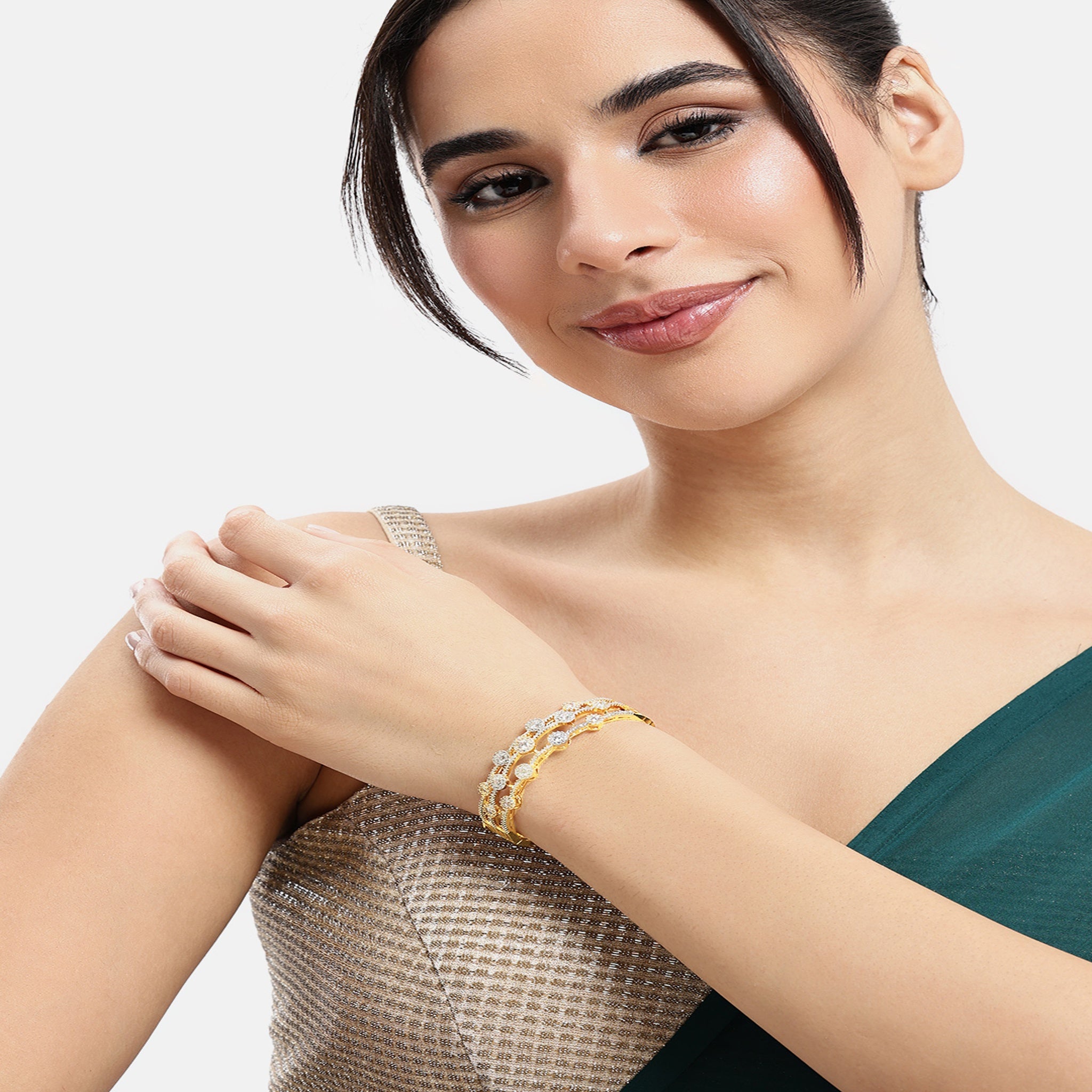 Women Cubic Zirconia Gold-Plated Kada Bracelet-2Tone