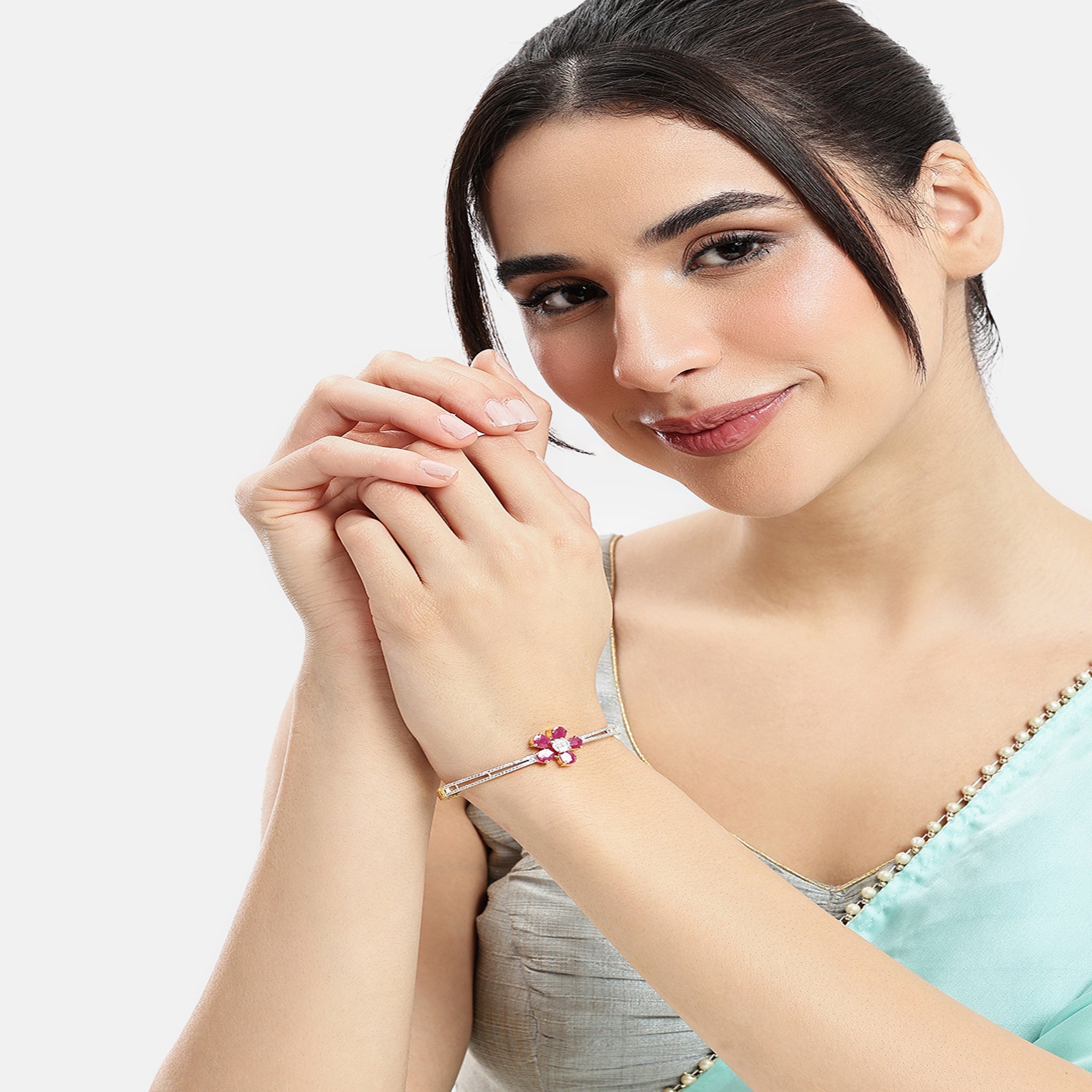 Women Cubic Zirconia Gold-Plated Kada Bracelet-Ruby