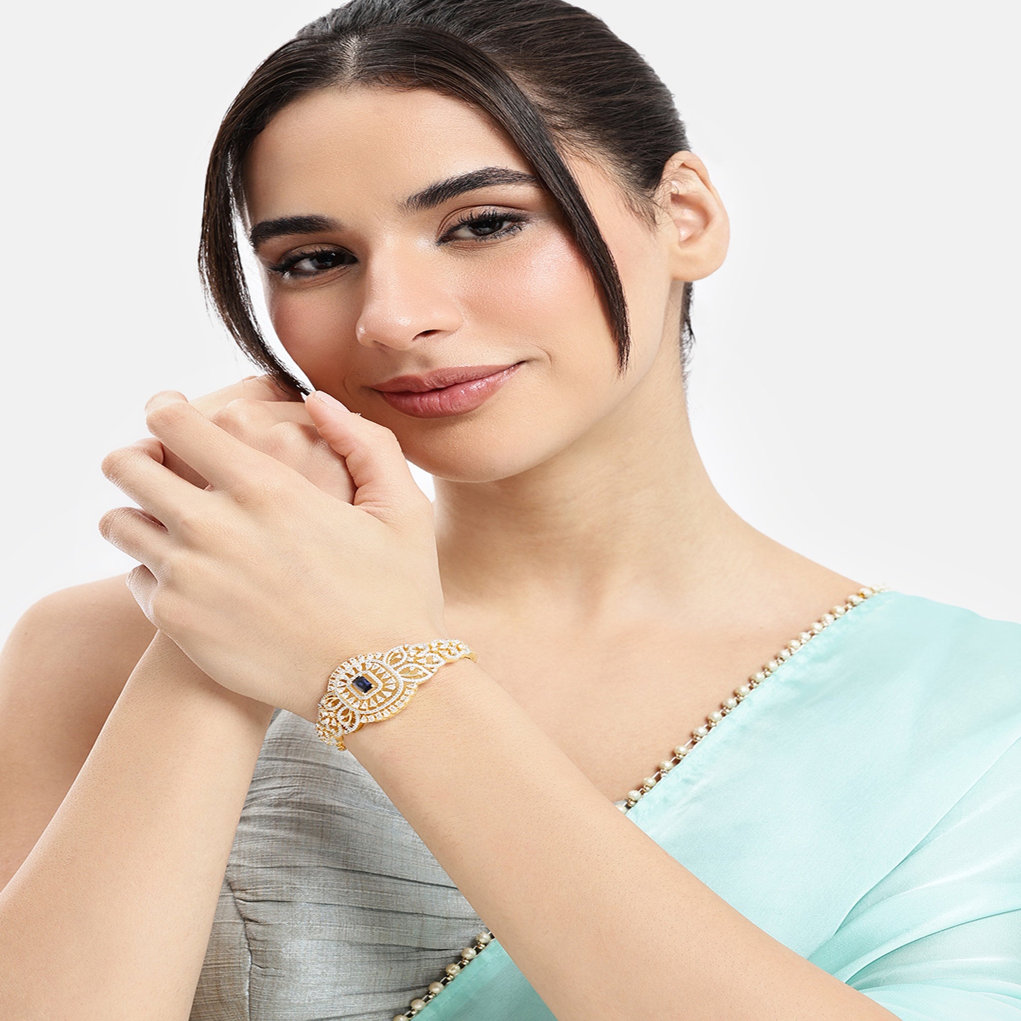 Women Cubic Zirconia Gold-Plated Kada Bracelet-Blue