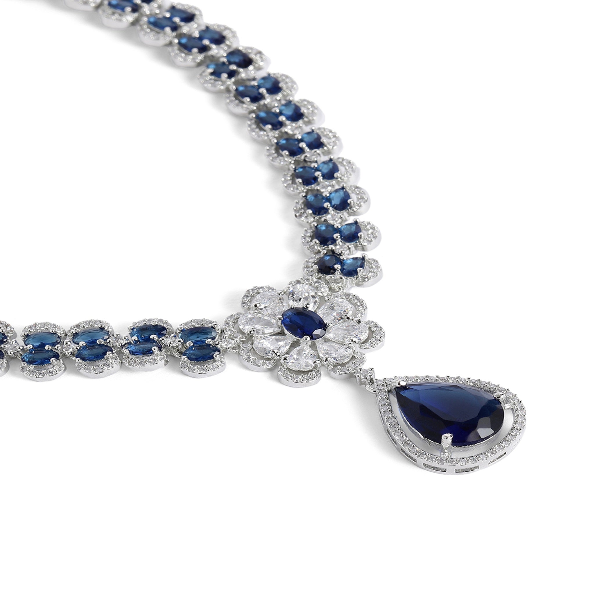 Rhodium-Plated Silver-Toned & Blue AD-Studded Jewellery Set