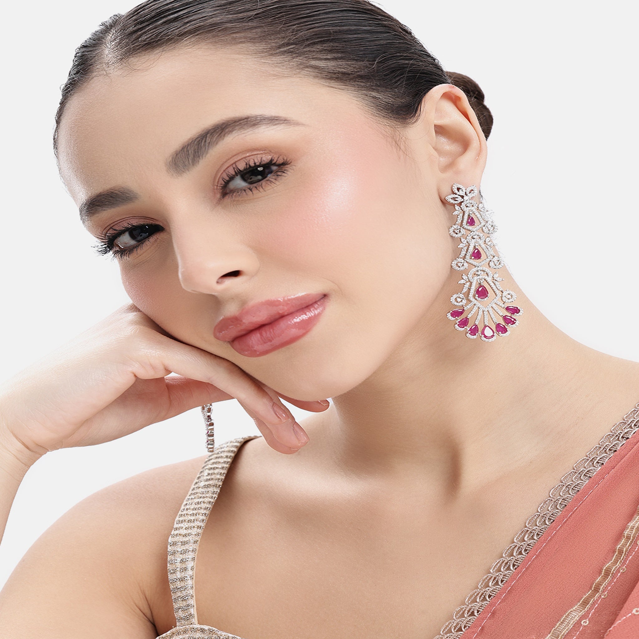 Silver-Toned Ruby Statement Dangler Long Earrings