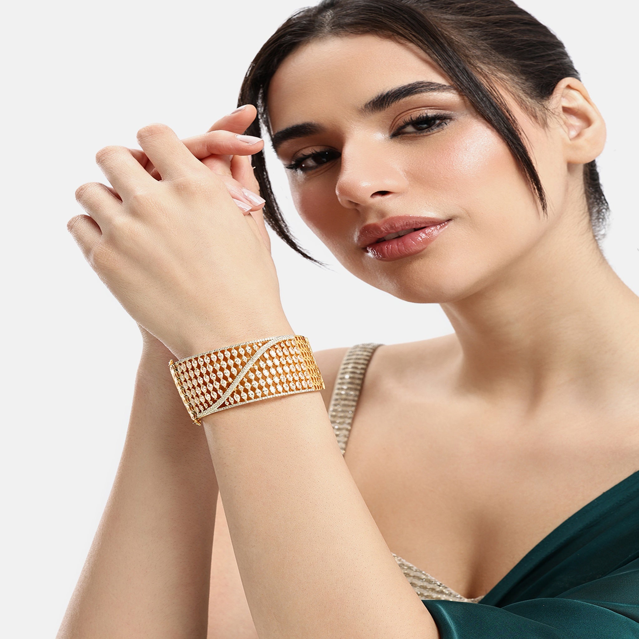 Women Cubic Zirconia Gold-Plated Kada Bracelet 2Tone-2Tone