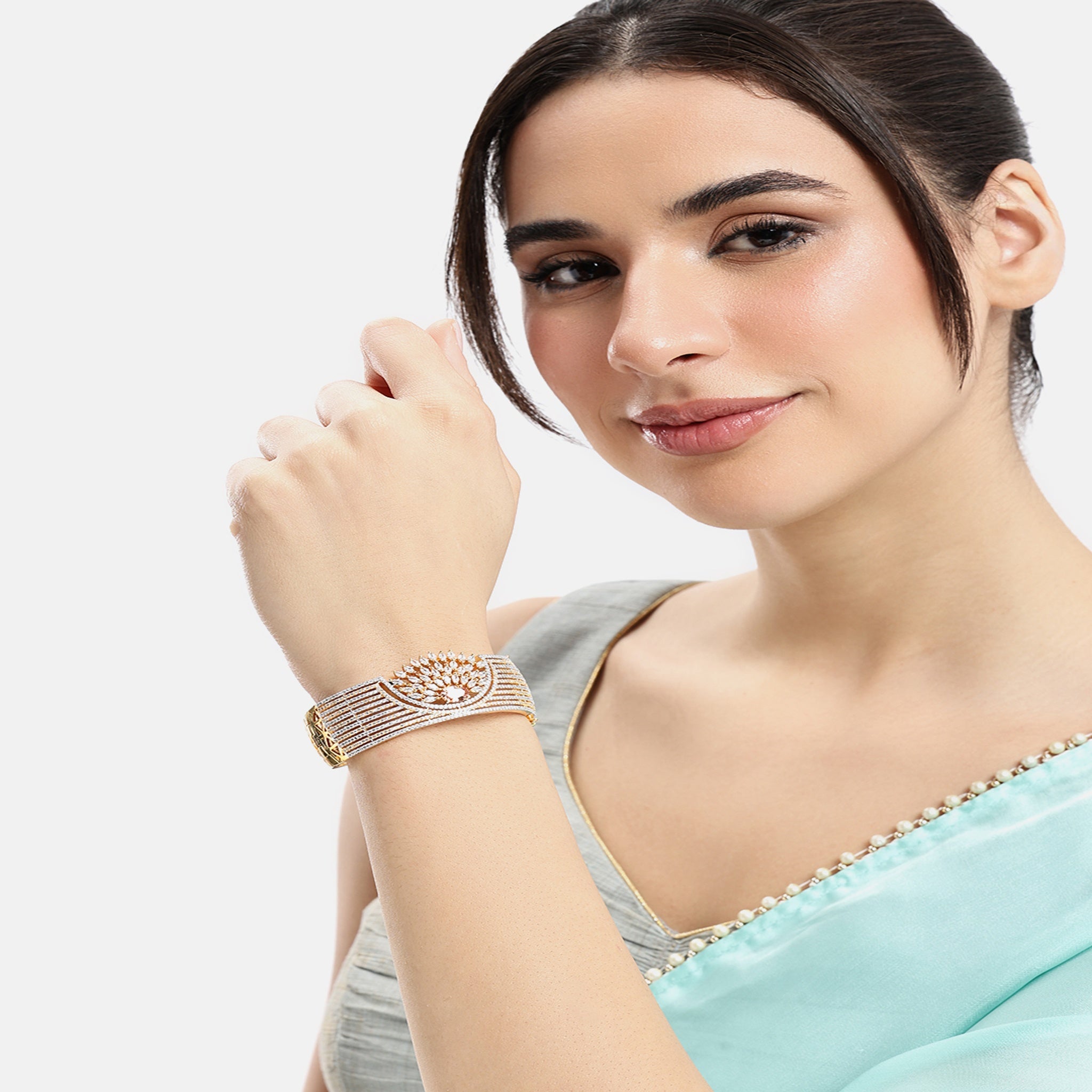 Women Cubic Zirconia Gold-Plated Kada Bracelet-LCT