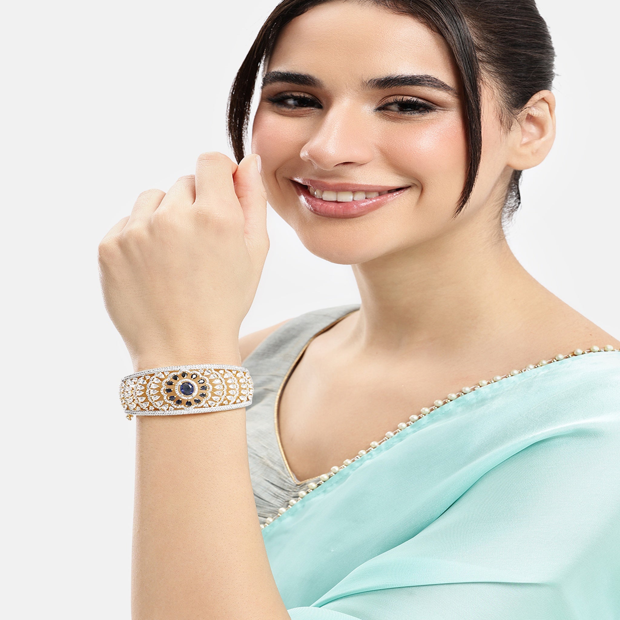 Women Cubic Zirconia Gold-Plated Kada Bracelet-Blue