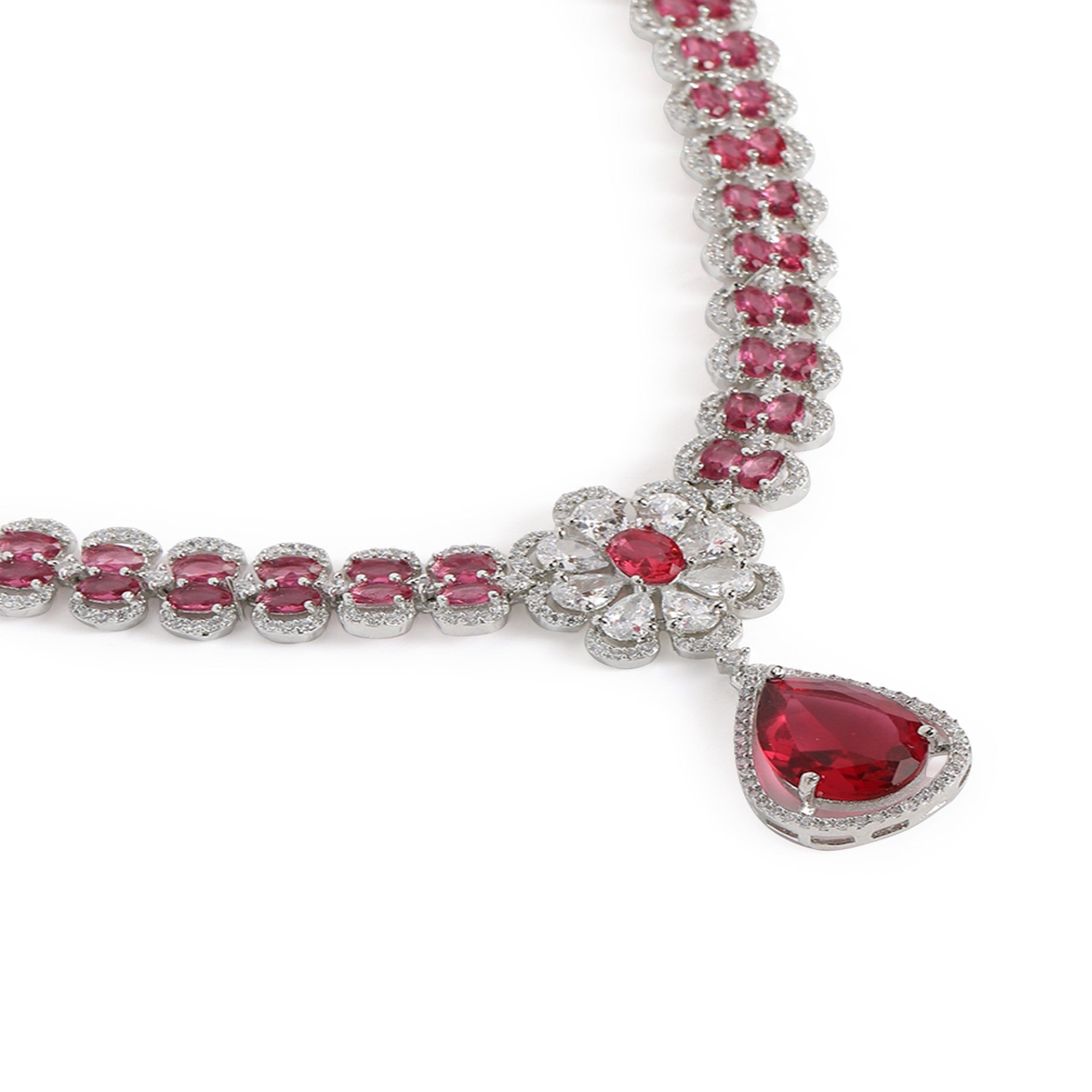 Rhodium-Plated Silver-Toned & Rani Pink AD-Studded Jewellery Set