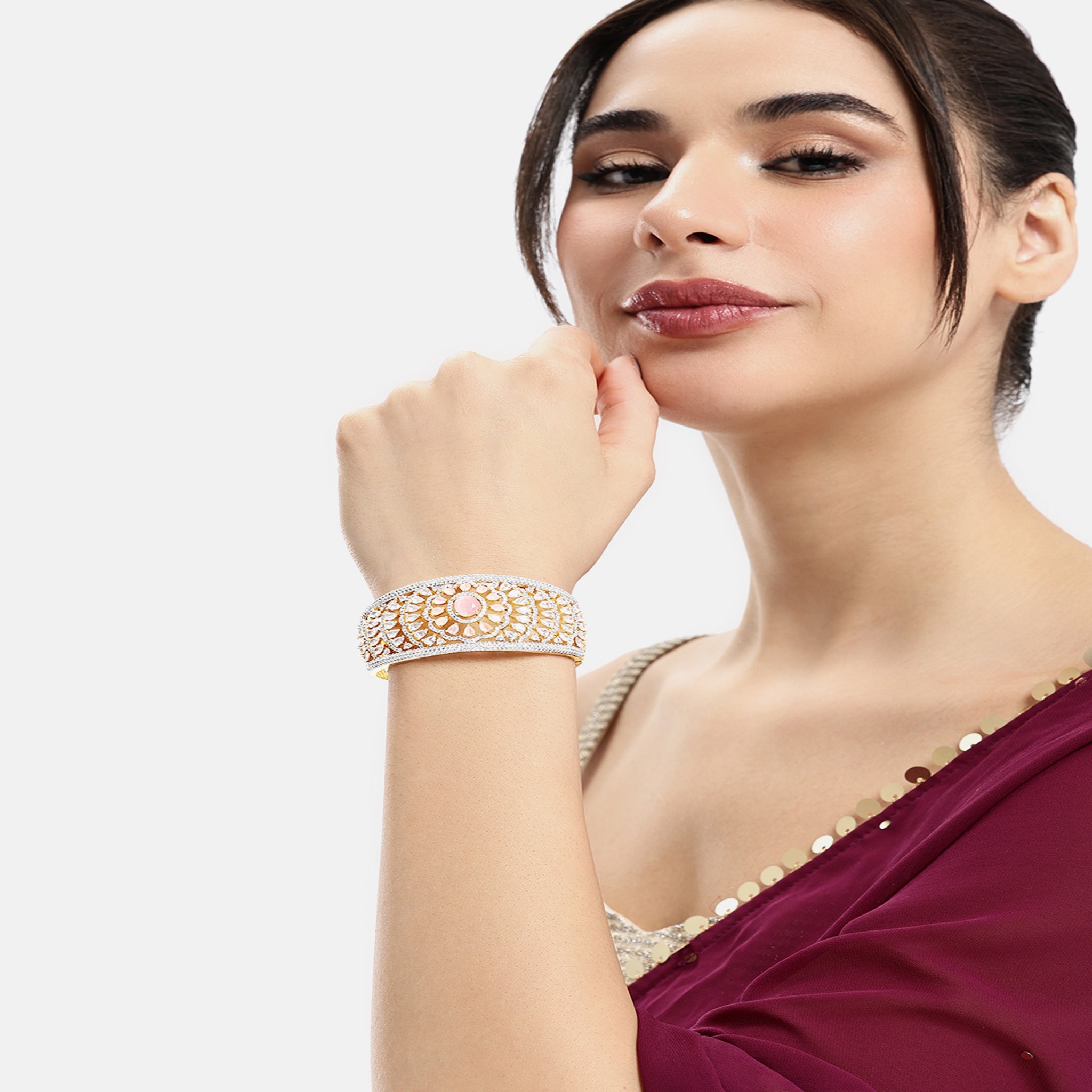 Women Gold-Plated Cubic Zirconia Studded Kada Bracelet-Pink
