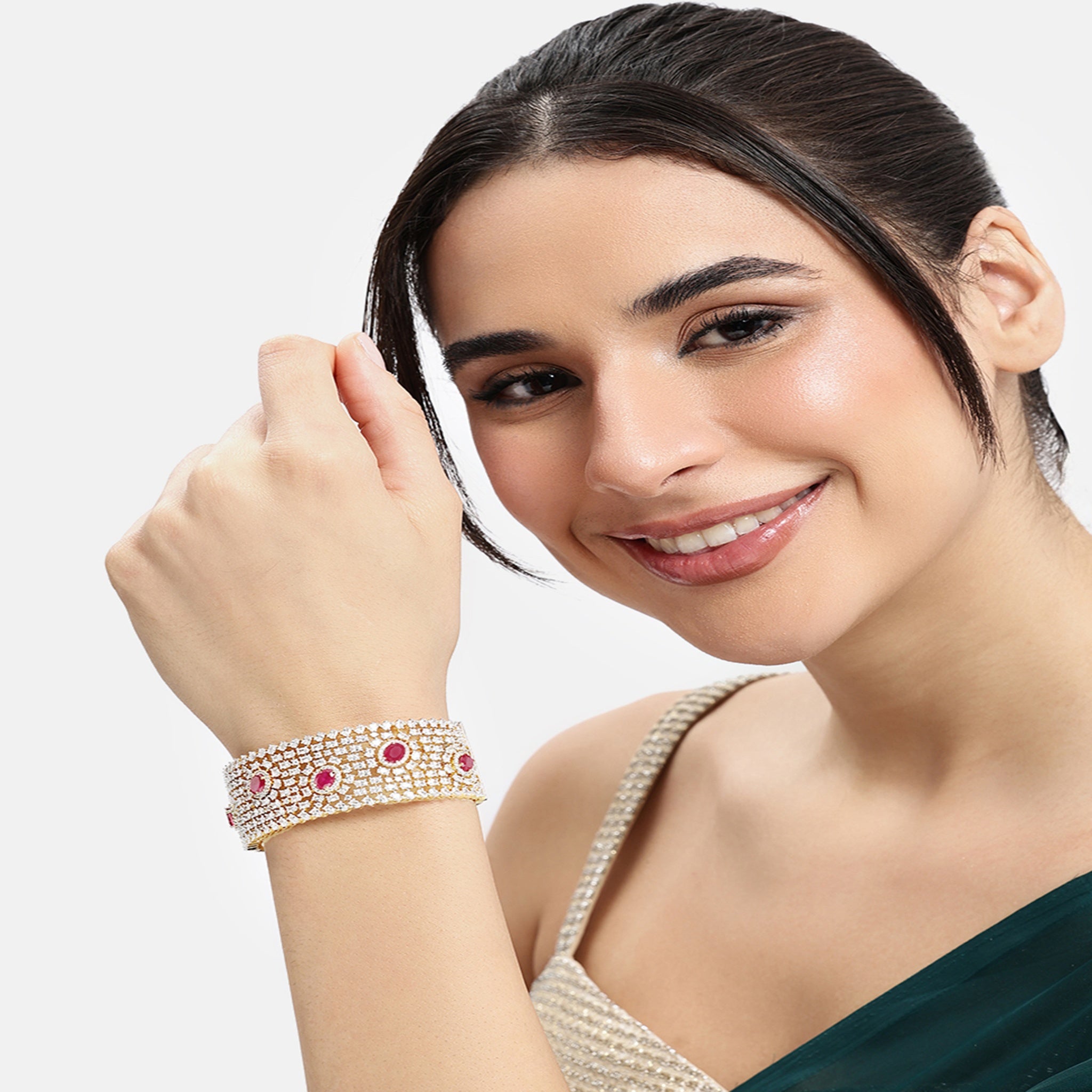 Women Cubic Zirconia Gold-Plated Kada Bracelet-Ruby