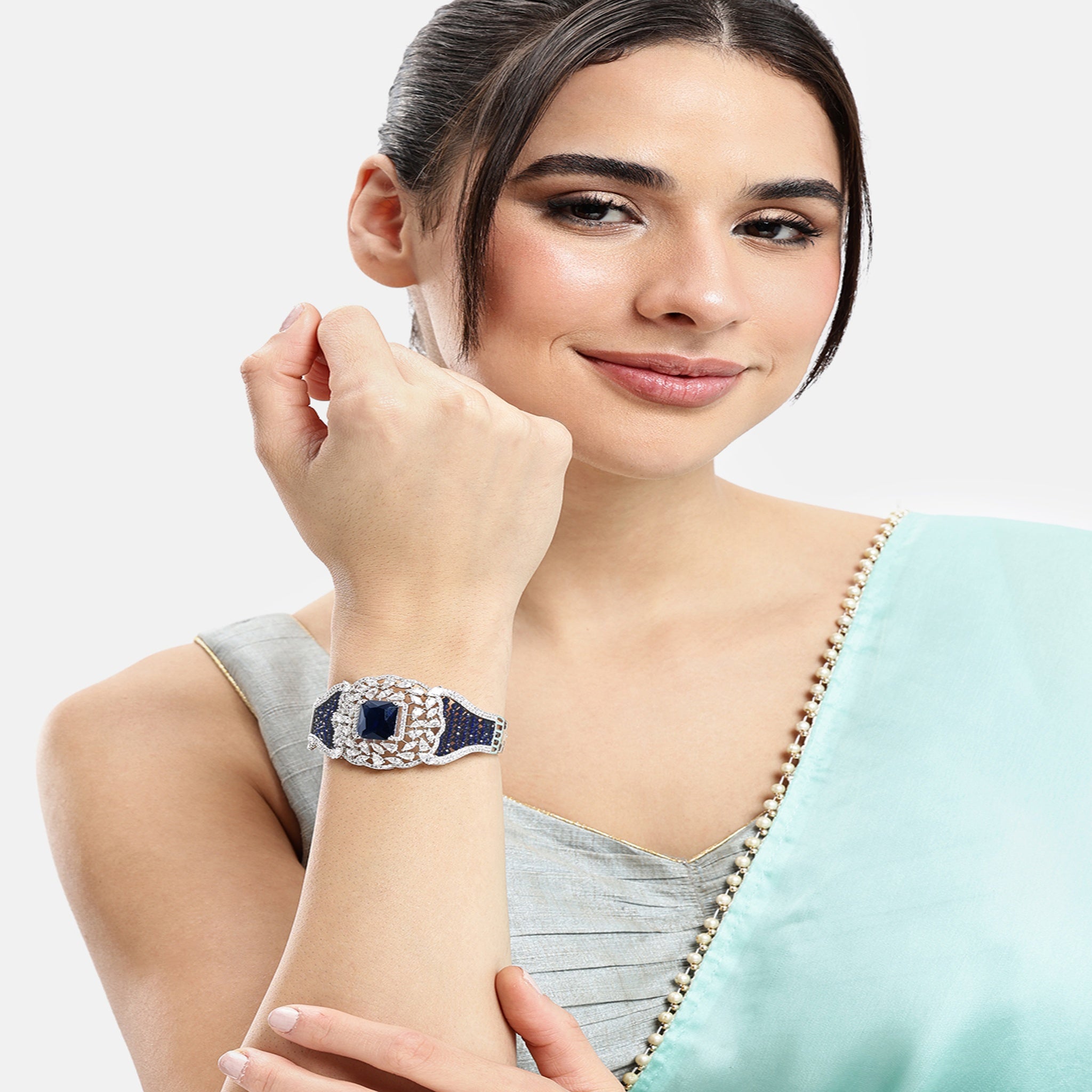 Women Cubic Zirconia Rhodium-Plated Kada Bracelet-Blue