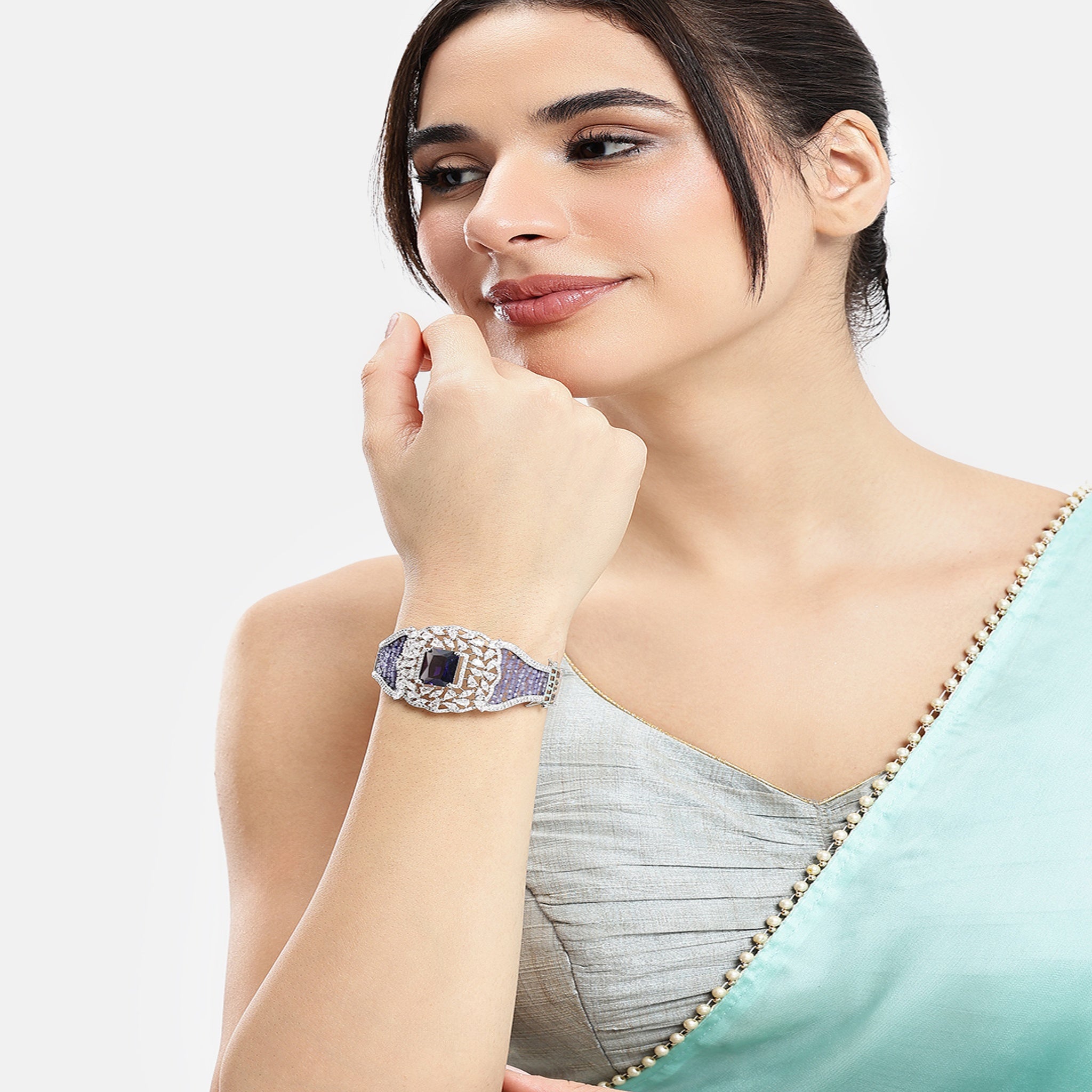 Women Cubic Zirconia Rhodium-Plated Kada Bracelet-Purple