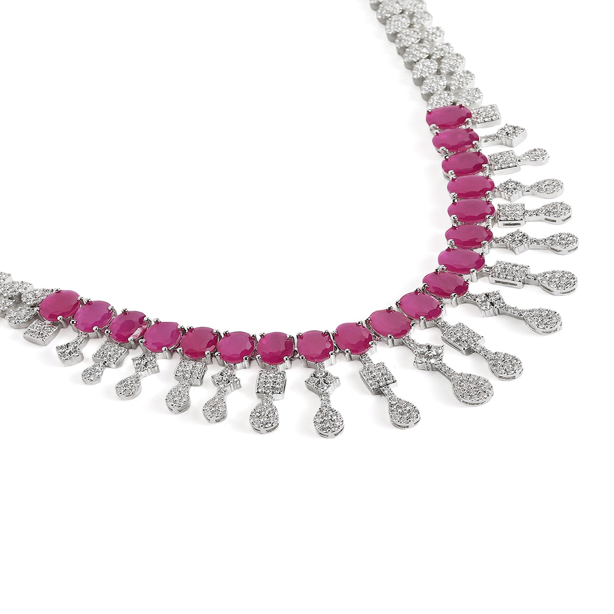 Rhodium-Plated Silver-Toned & Ruby AD-Studded Jewellery Set