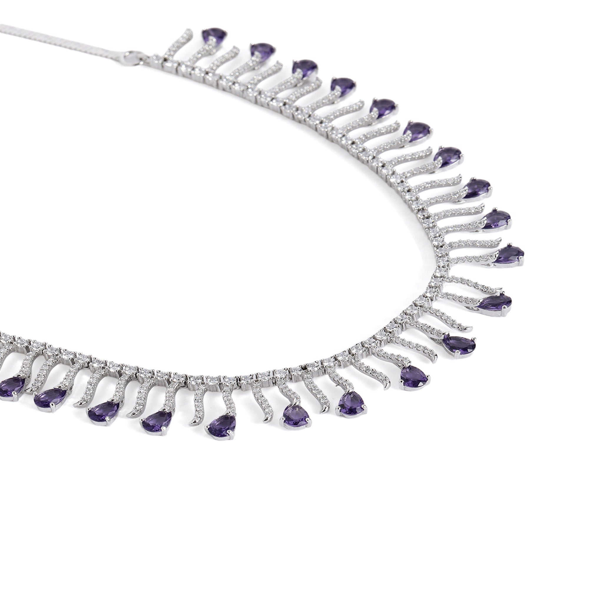 Rhodium-Plated White & Purple AD-Studded Jewellery Set