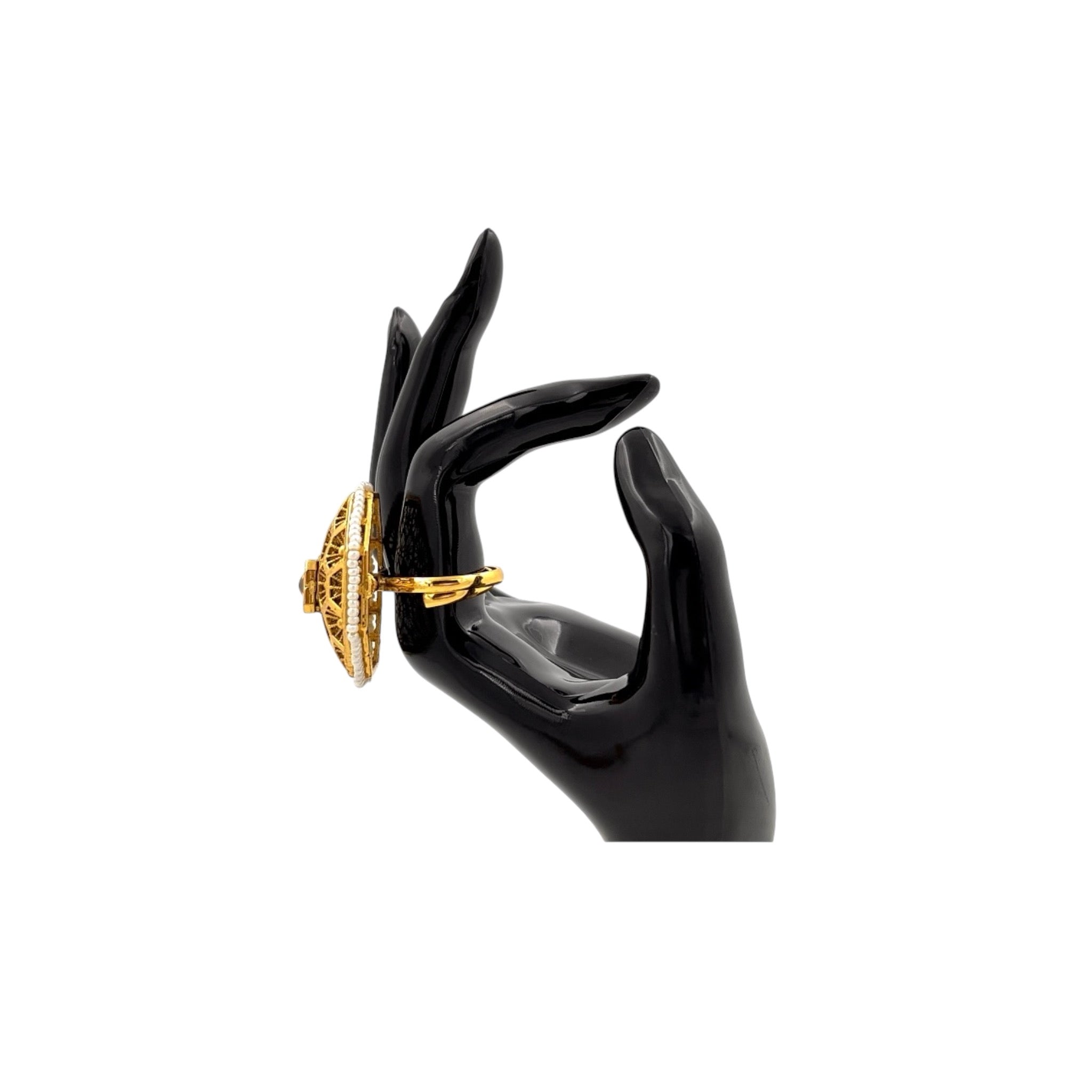 Lavish Giftz Gold-Plated Antique Adjustable Kundan Handcrafted Finger Ring With Pearl Accents