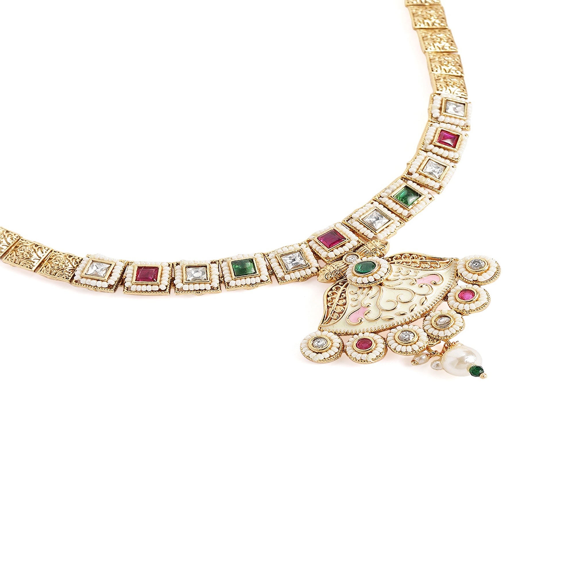 Gold Plated Antique Ruby Green Enamelled Necklace Set