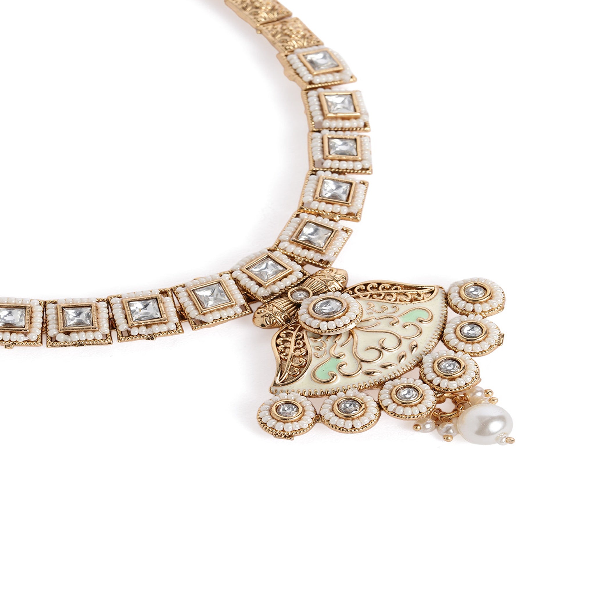 Gold Plated Antique White Enamelled Necklace Set