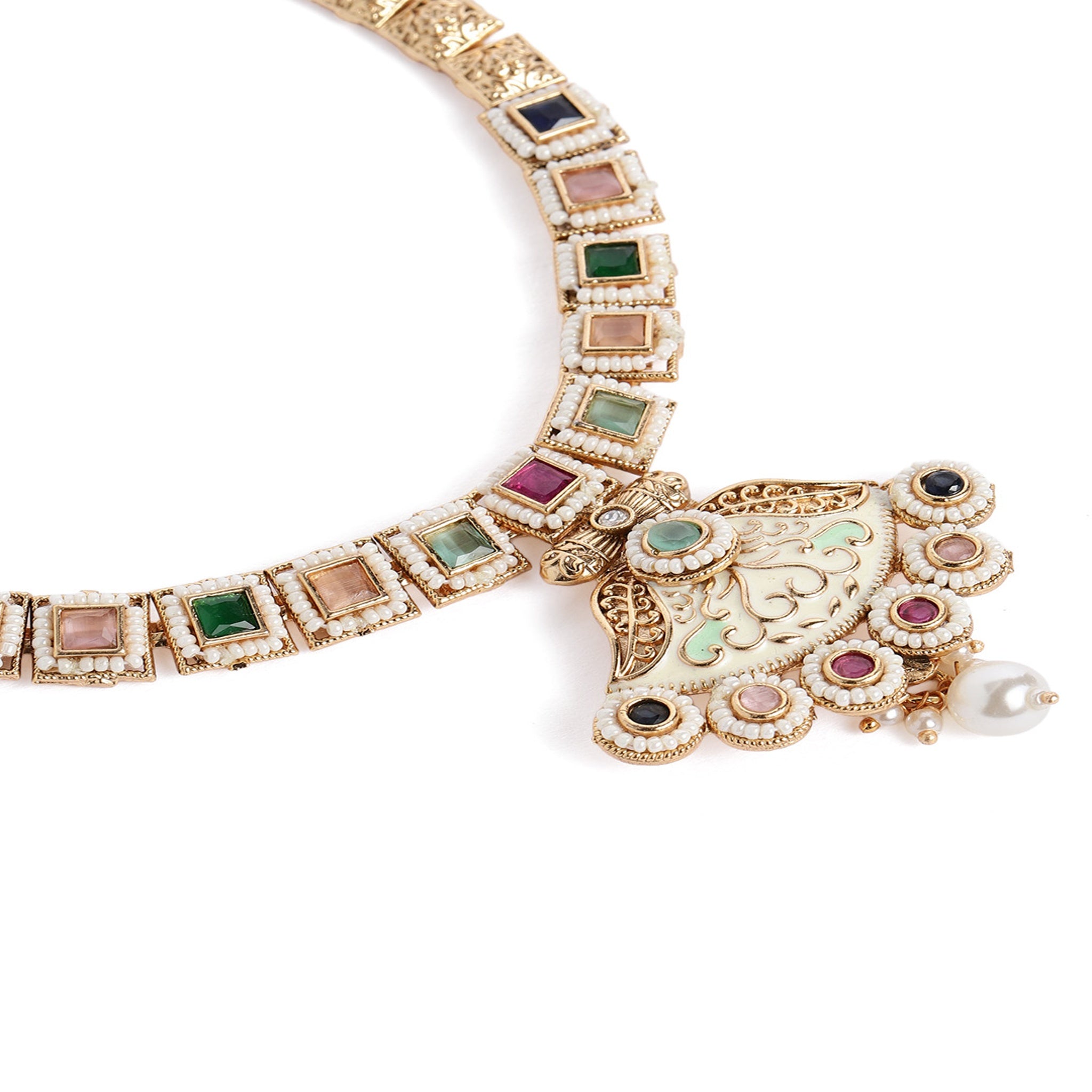Gold Plated Antique Multi- Color Enamelled Necklace Set