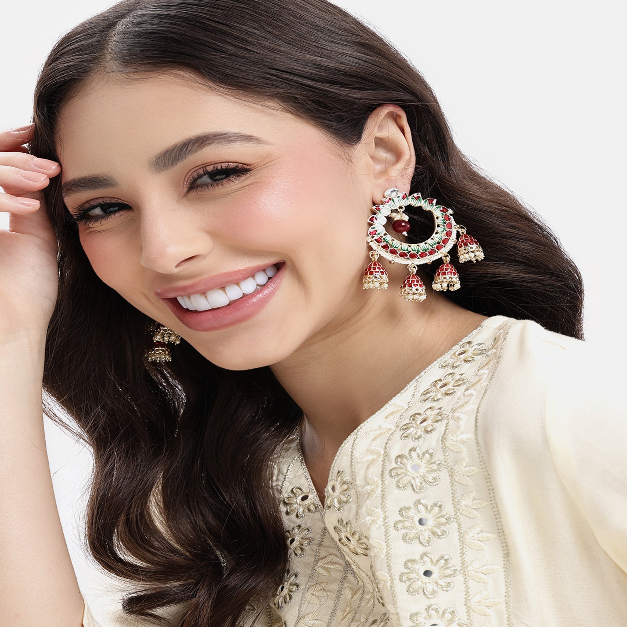 Classic Maroon Green Gold-Plated Cresent Shaped Drop Earrings