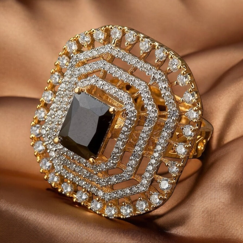 Lavish Giftz Radiant Classic Cubic Zirconia Ring with Two-Tone Plating - Black