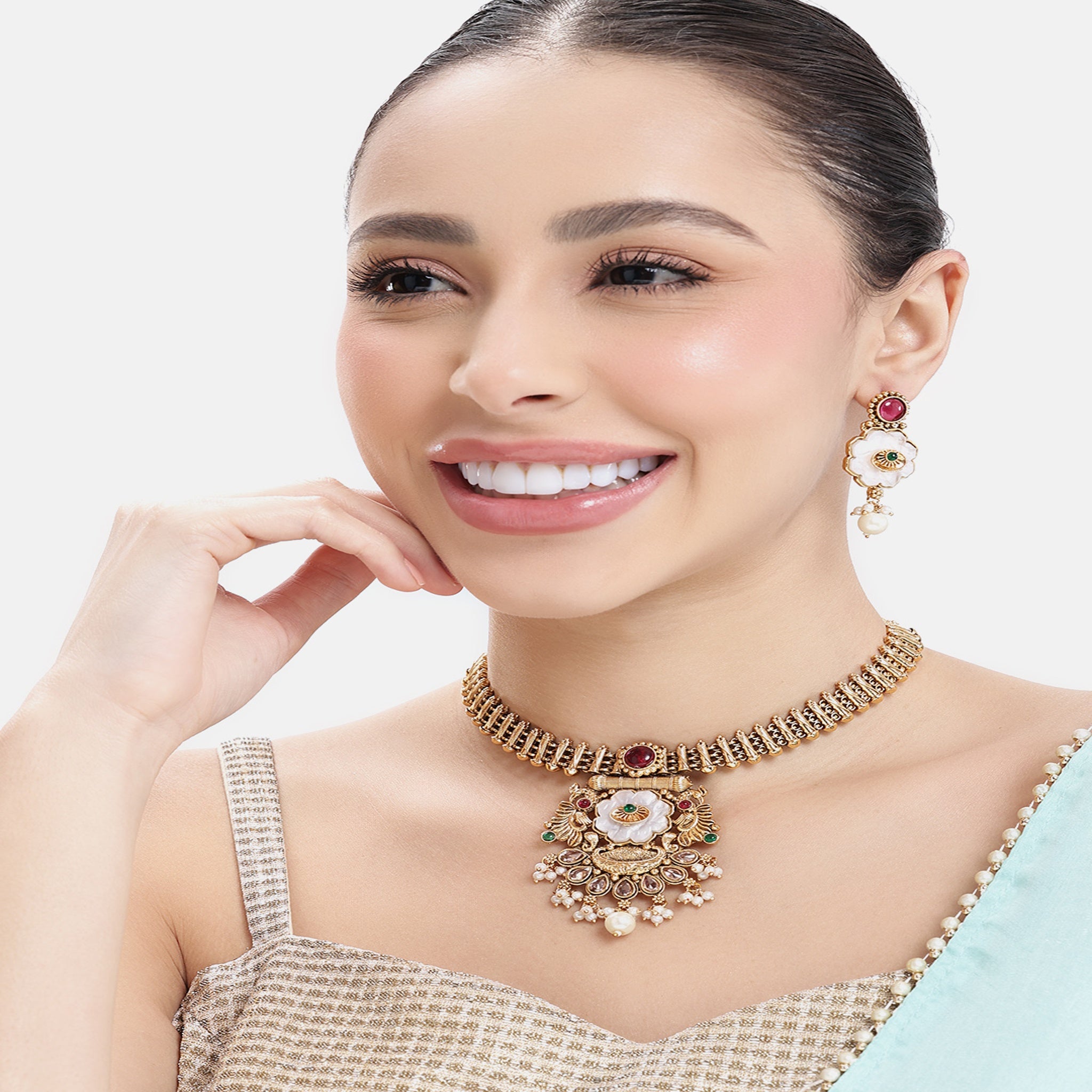 Gold Plated Mother Of Pearl Ruby Green Necklace Set