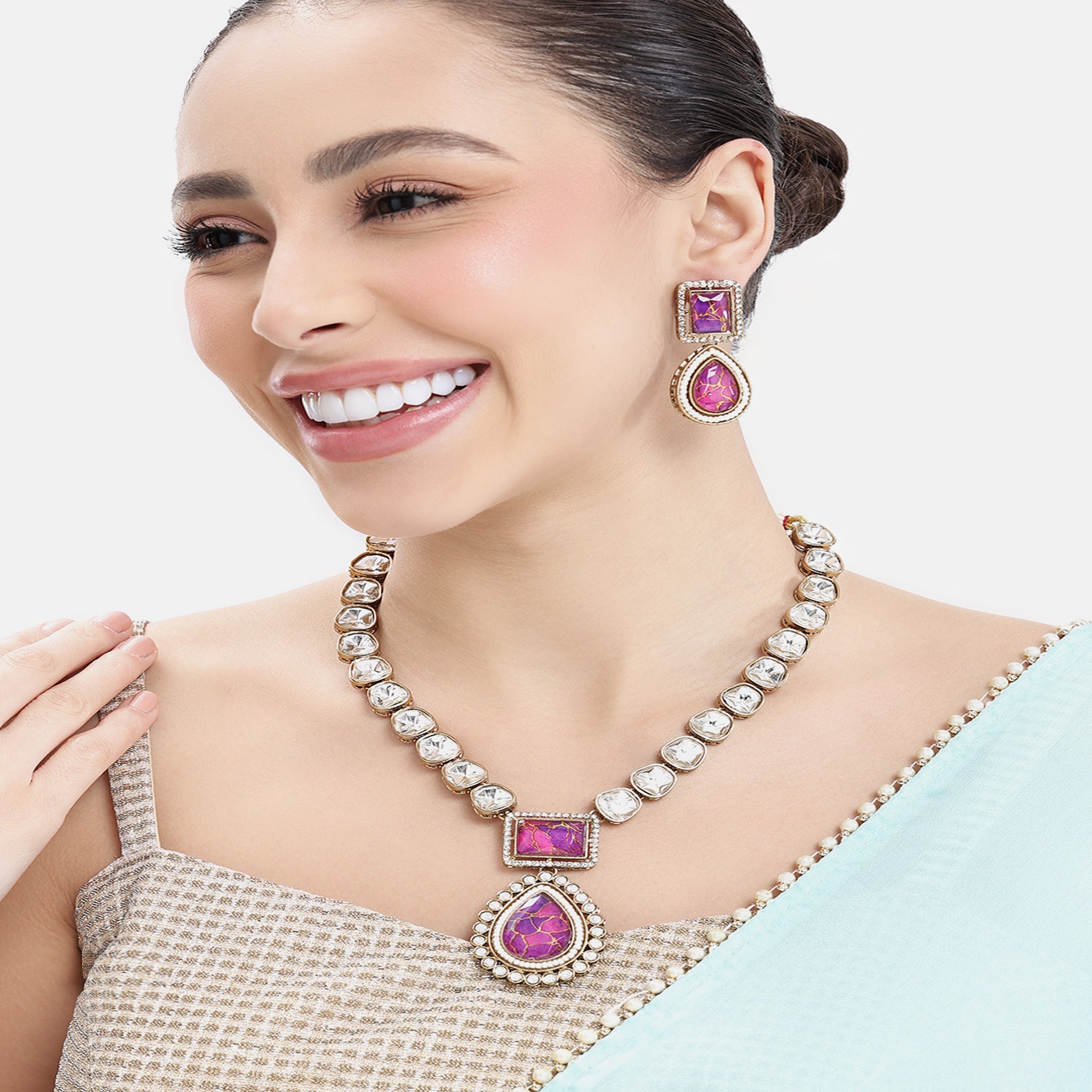 Purple Necklace Set With Antique Finish