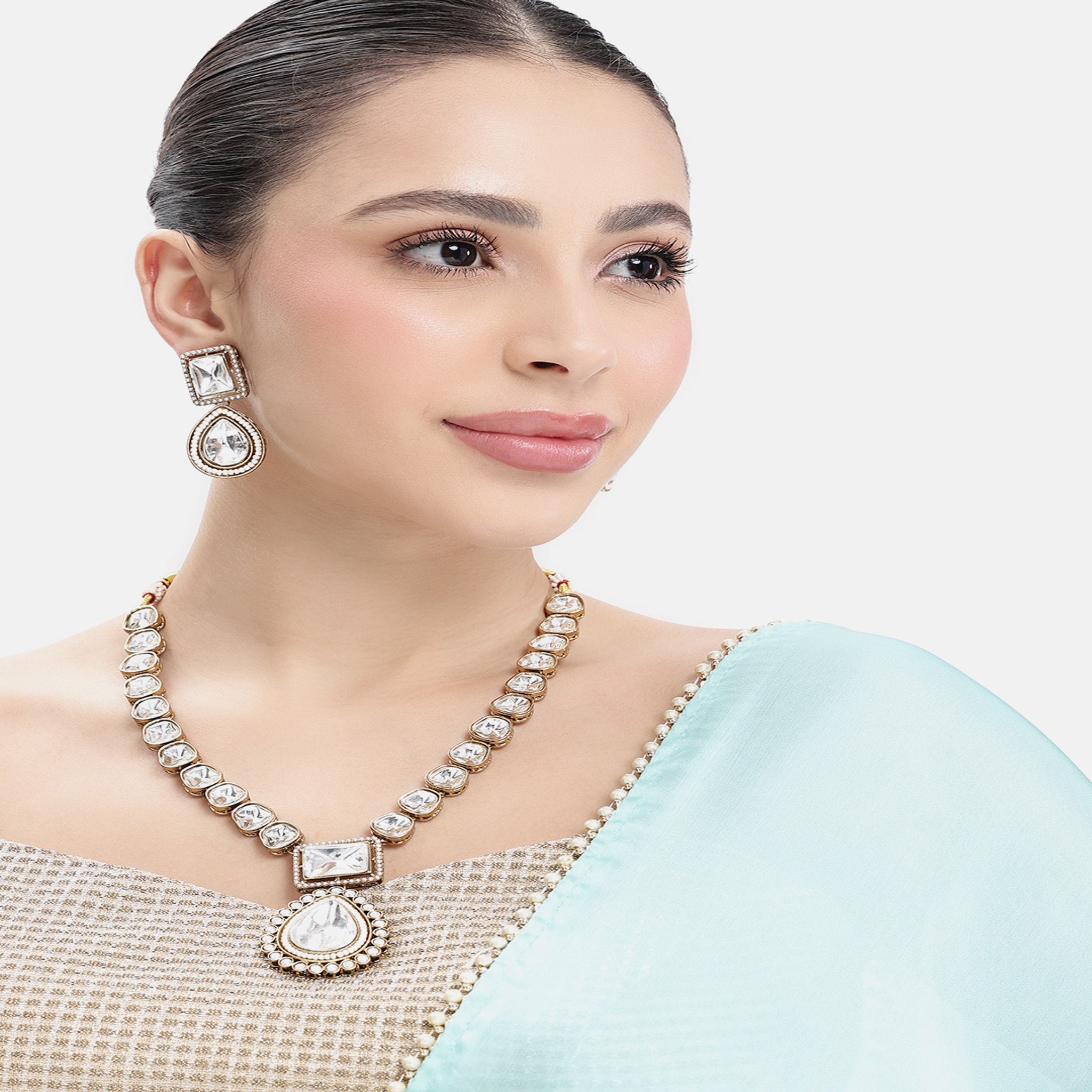 White Necklace Set With Antique Finish
