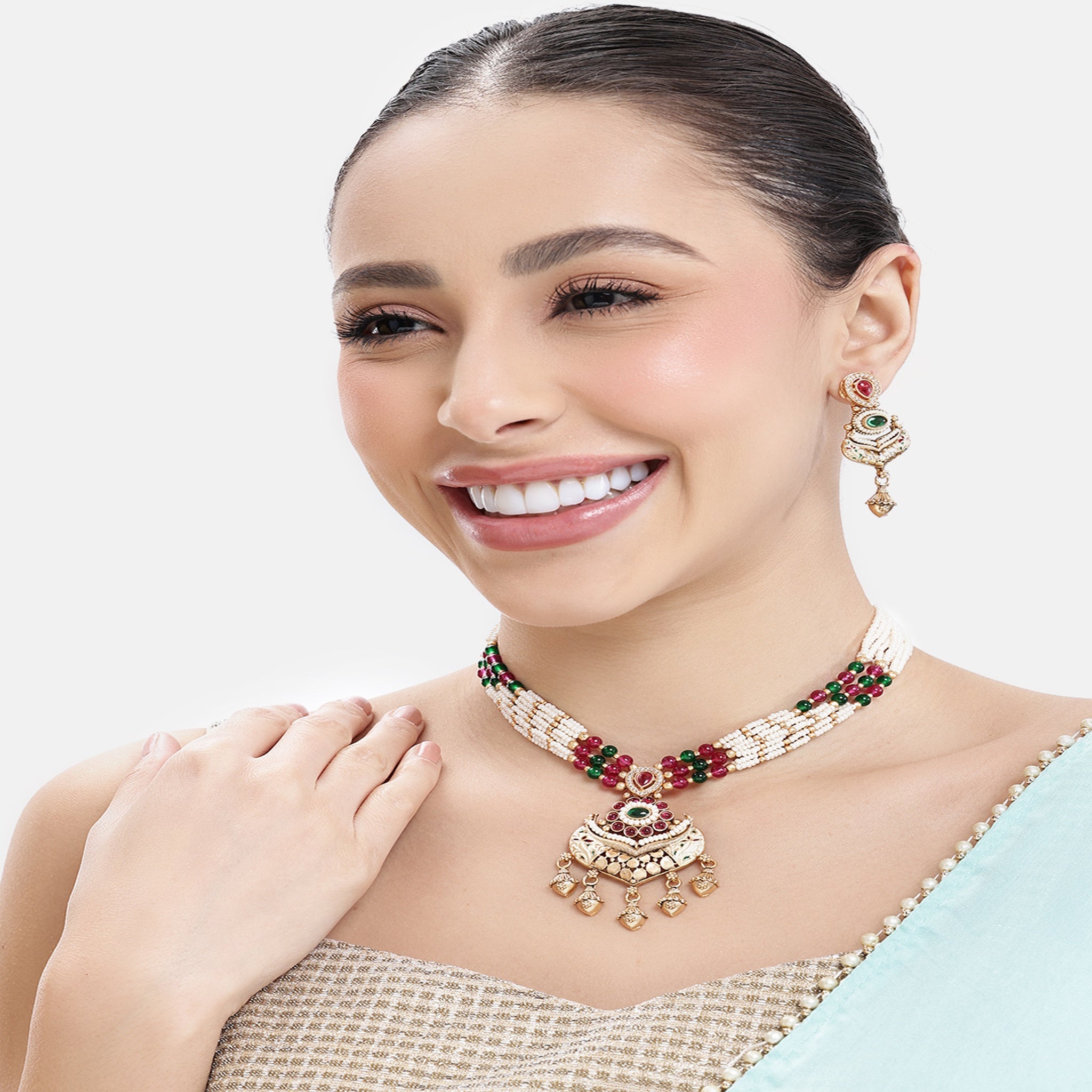 Gold-Plated Meenakari Antique Stones & Beads Studded Jewellery Set