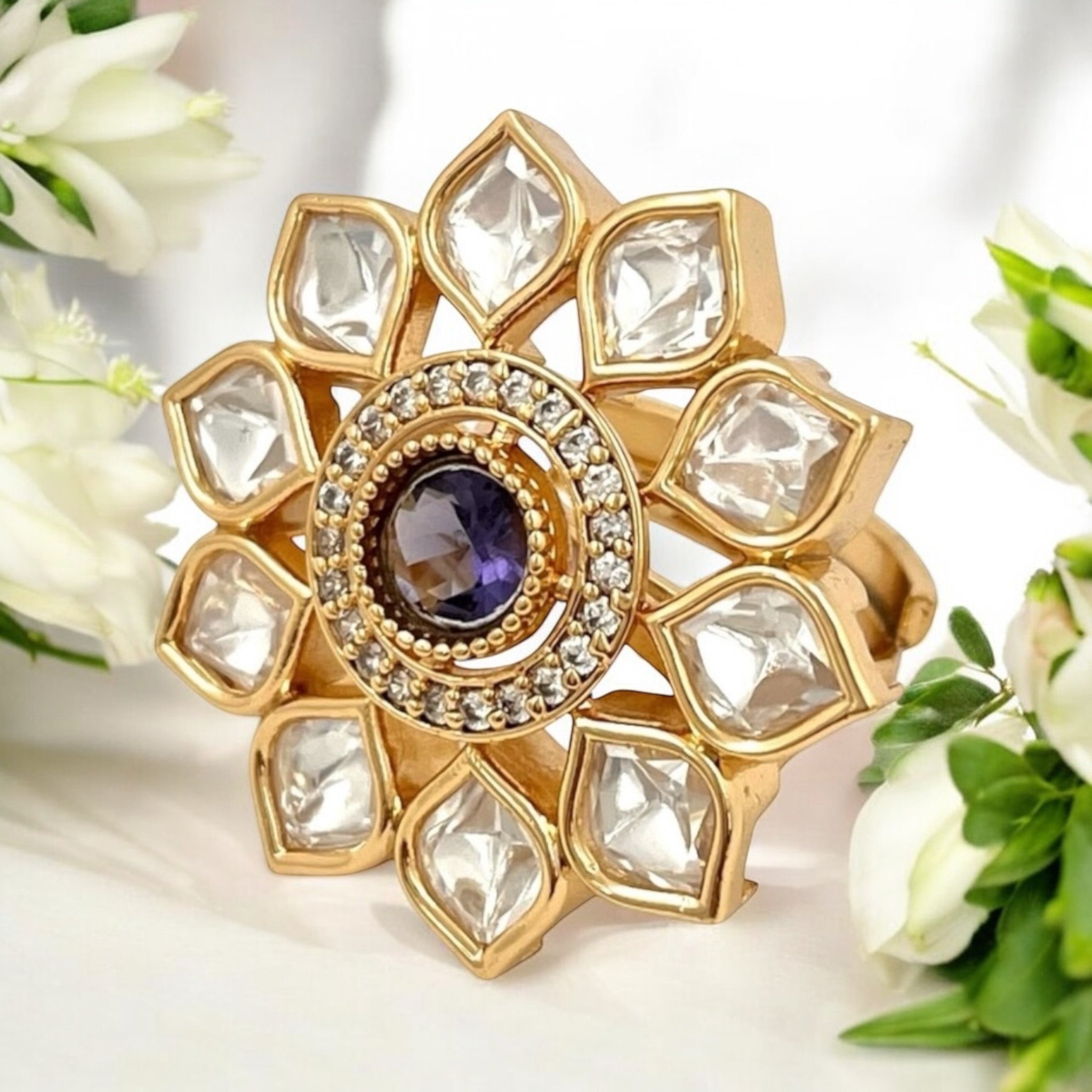 Lavish Giftz Gold-Plated Classic Mira Kundan Adjustable Kundan & Purple Stone Studded Handcrafted Finger Ring