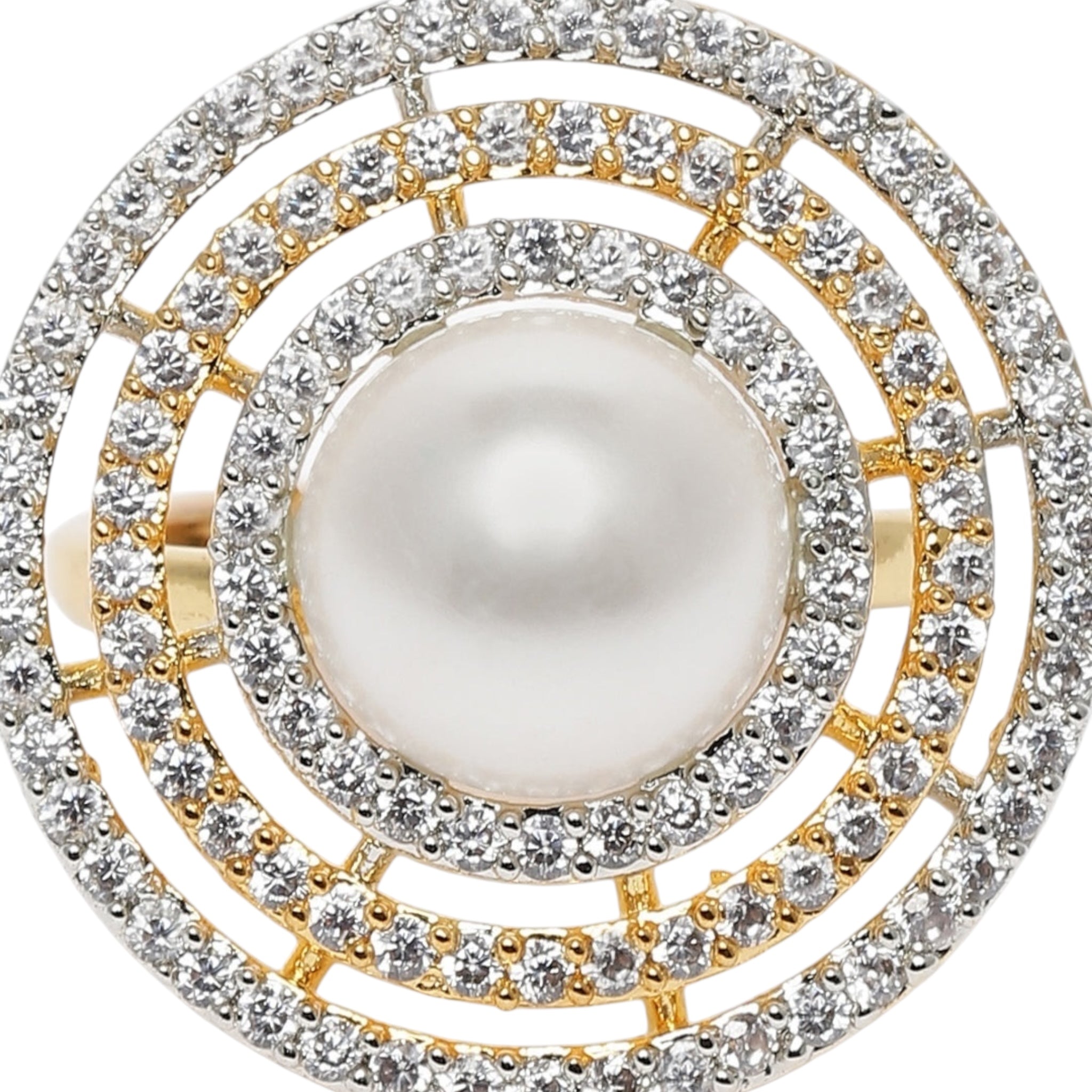 Lavish Giftz Clara Adjustable Cubic Zirconia Pearl Ring with Rhodium 2-Tone Plating