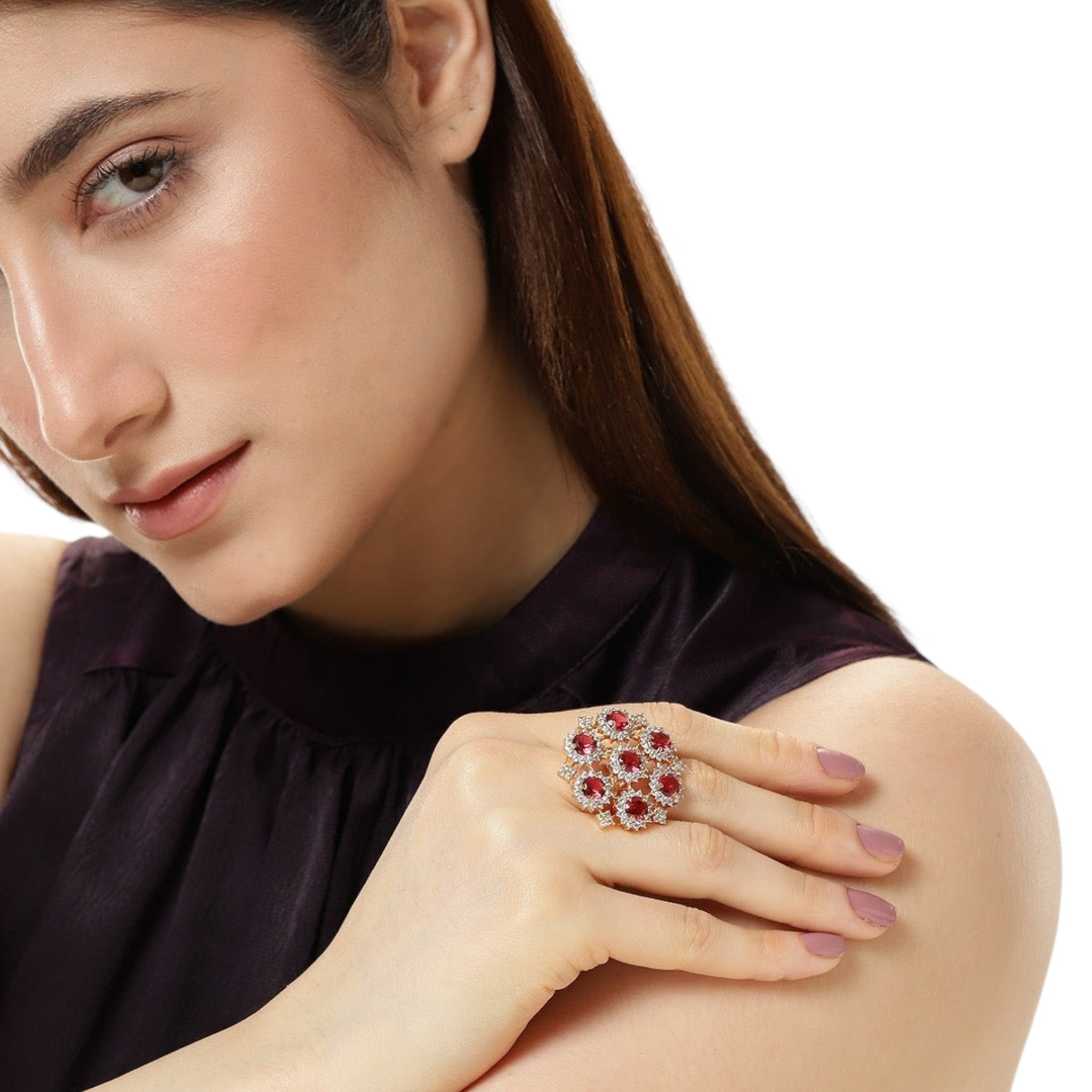 Lavish Giftz Gold Plated Adjustable Ruby Cubic Zirconia Classic Statement Ring