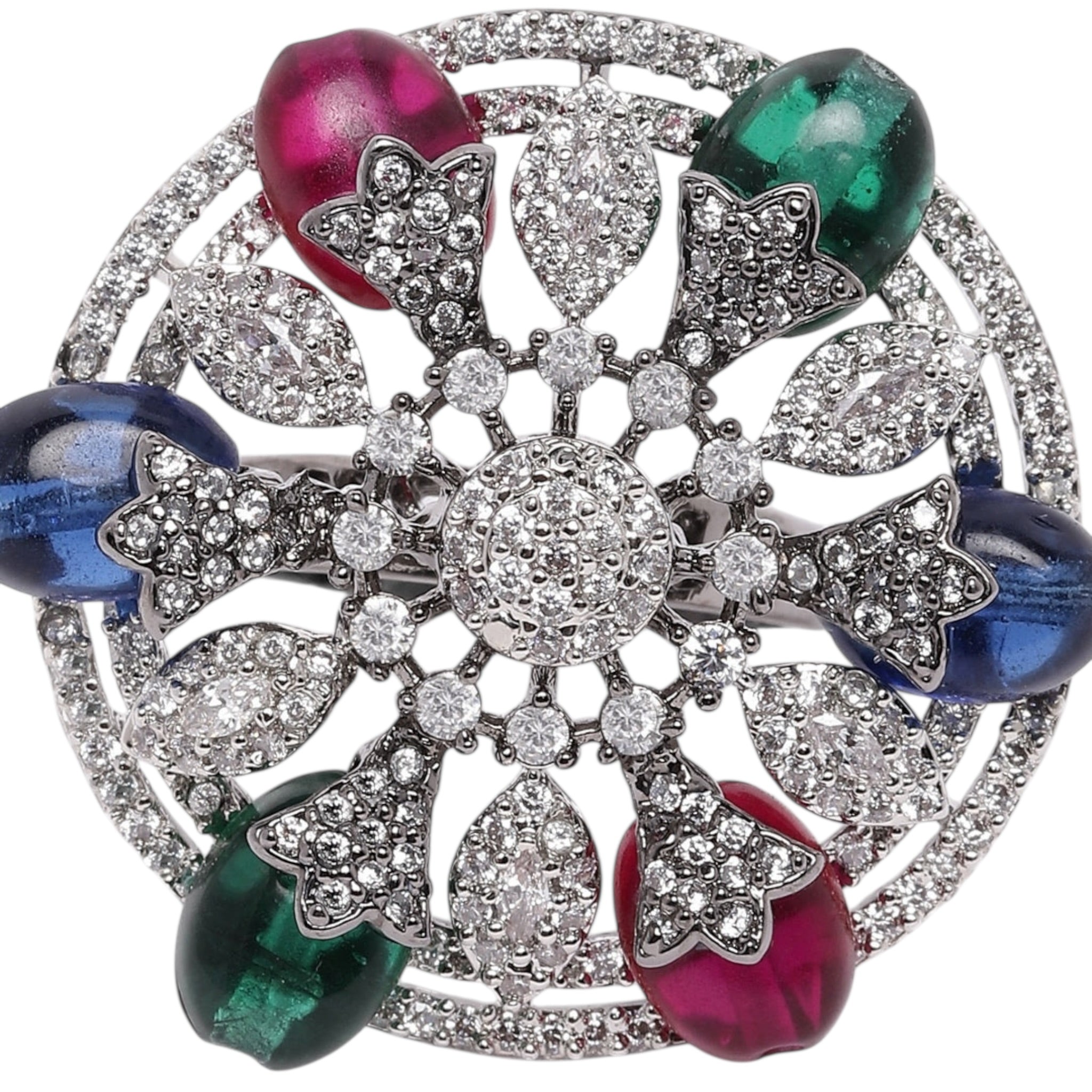 Lavish Giftz Adjustable Cubic Zirconia Rani Green Blue Statement Ring With Black Plating