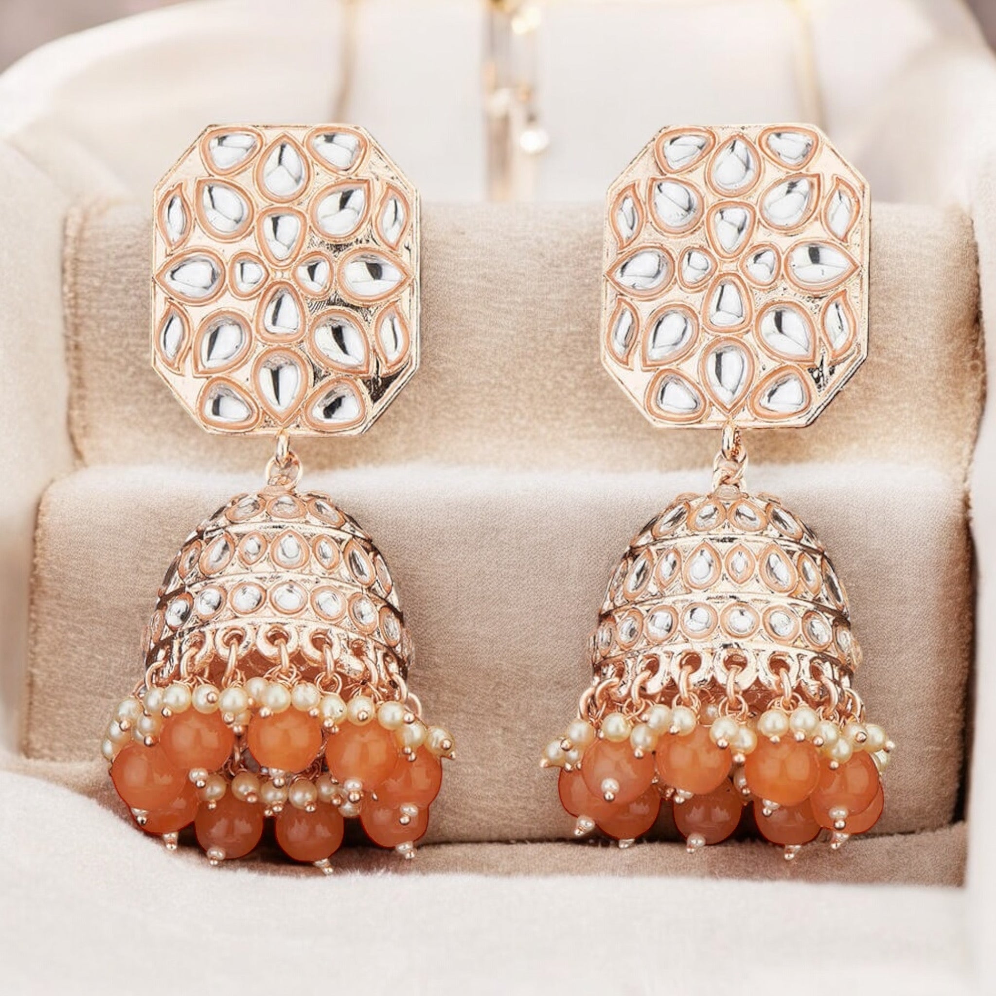 Lavish Giftz Gold Plated Indo Western Meenakari Jhumki Earrings - Peach