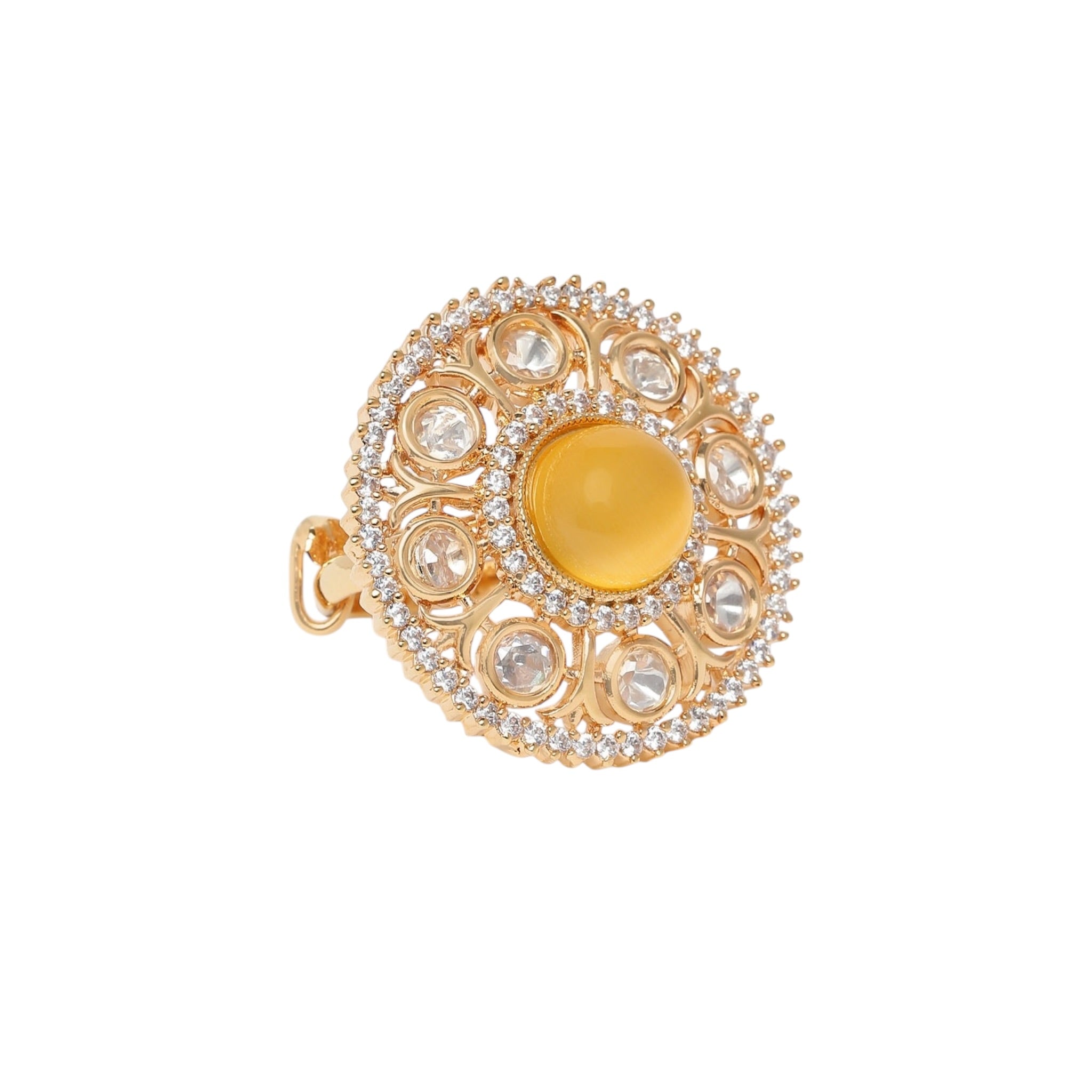 Lavish Giftz Gold-Plated Orange Round Stone & Kundan Studded Adjustable Handcrafted Finger Ring