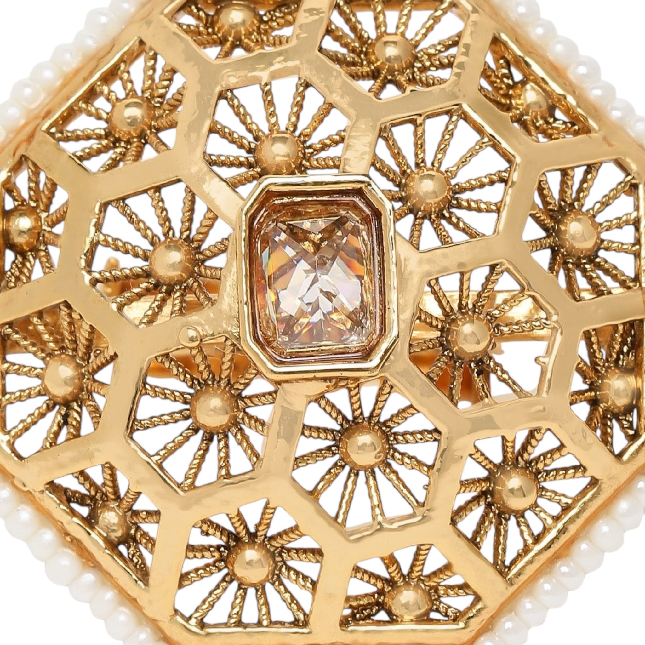Lavish Giftz Gold-Plated Antique Adjustable Kundan Handcrafted Finger Ring With Pearl Accents