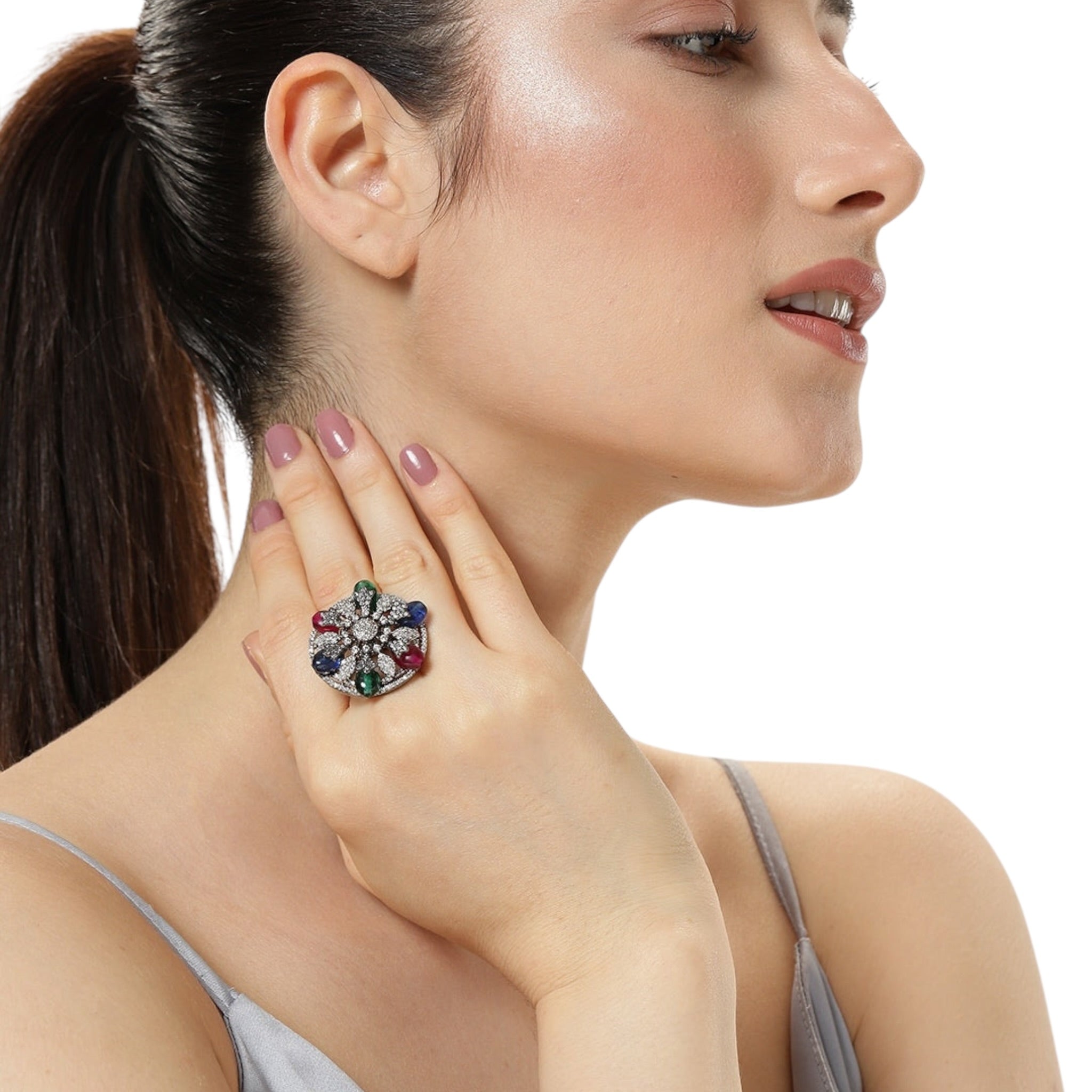 Lavish Giftz Adjustable Cubic Zirconia Rani Green Blue Statement Ring With Black Plating
