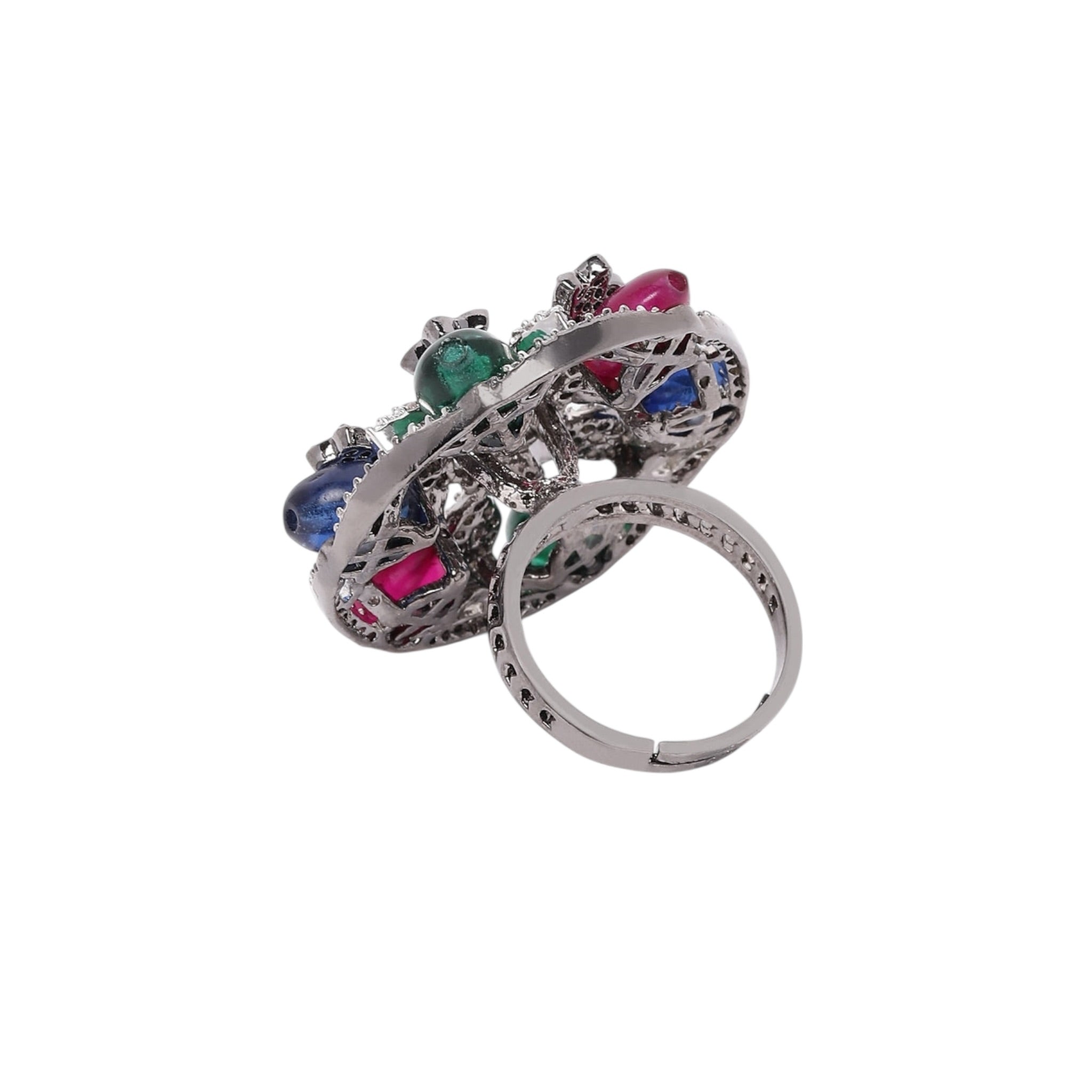 Lavish Giftz Adjustable Cubic Zirconia Rani Green Blue Statement Ring With Black Plating