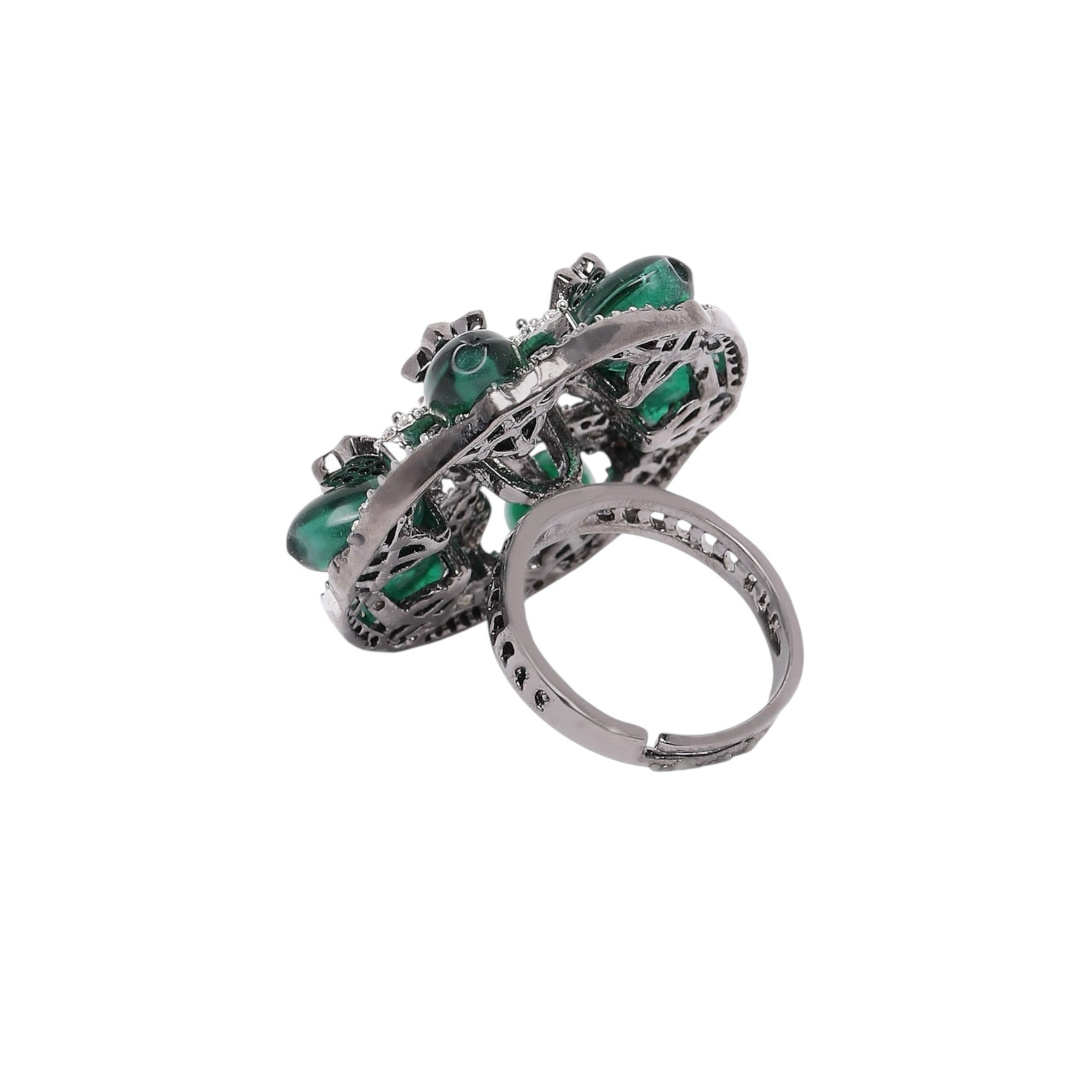 Lavish Giftz Adjustable Cubic Zirconia Green Statement Ring With Black Plating